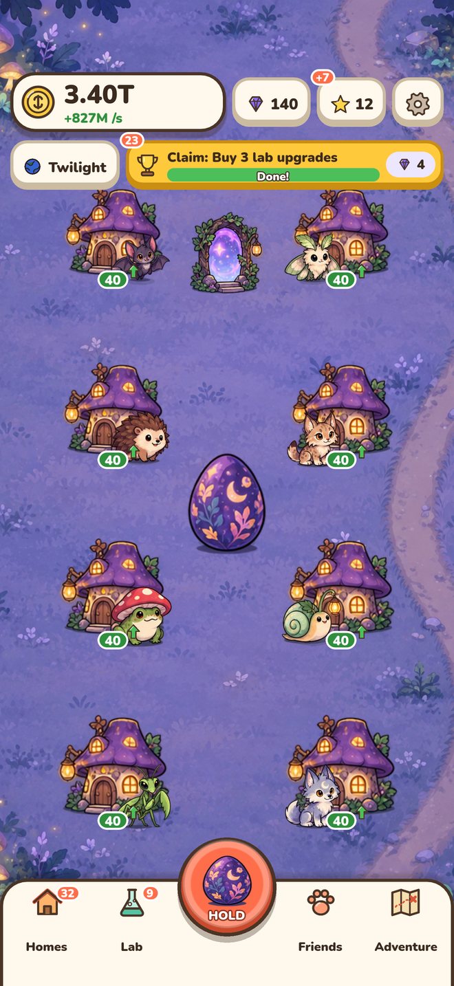 The Twilight realm in Hatch Realms, with mushroom homes and their friends around a glowing egg